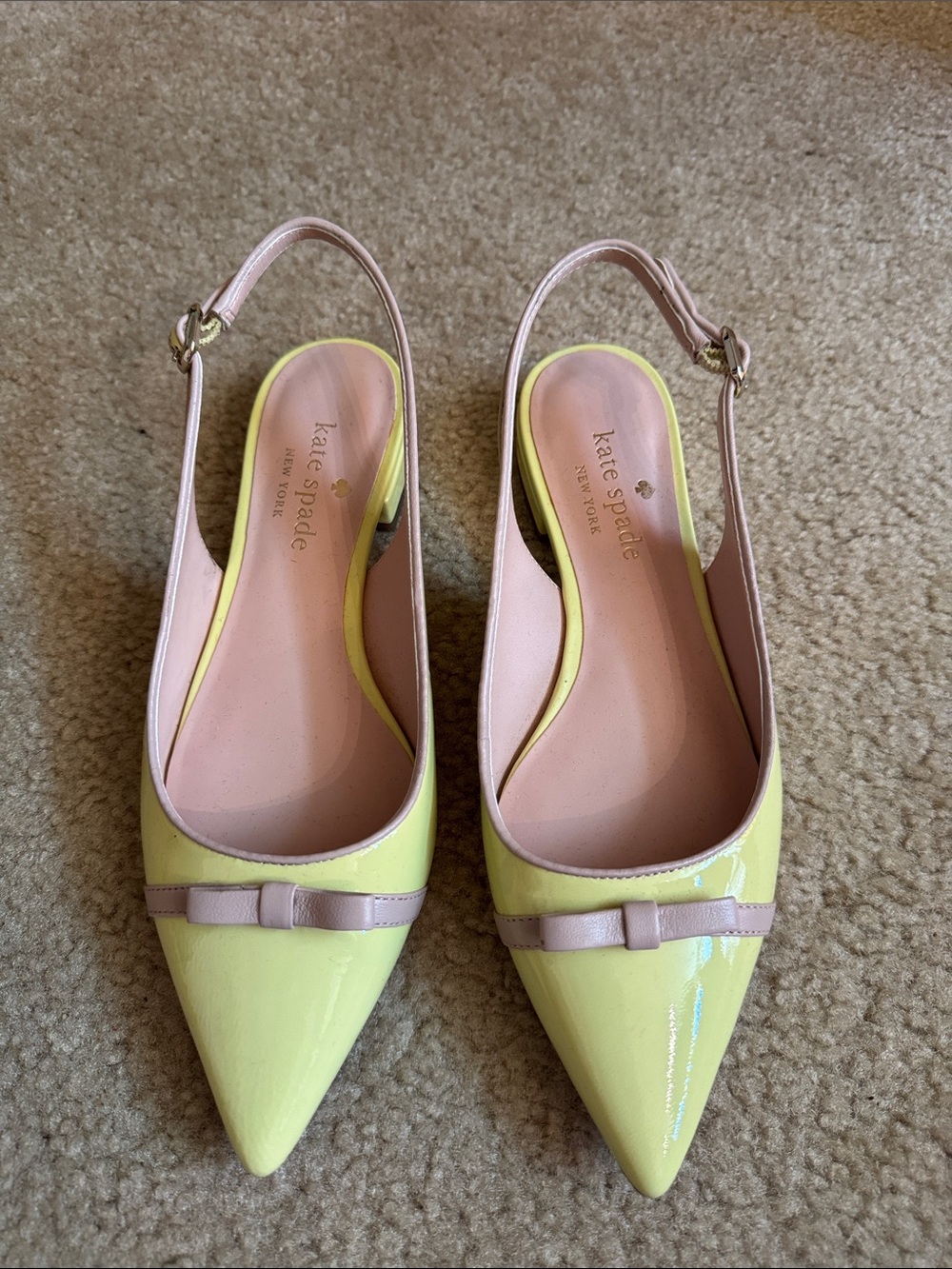 kate spade Yellow Patent Pointed-Toe Slingback Mules with Pink Trim - Size 7